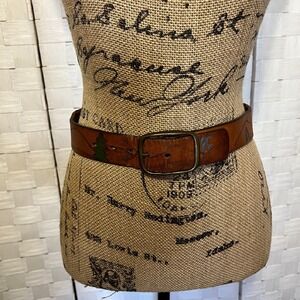 Hand Tooled Leather Belt Western Style Mountain Scene Design Size 28